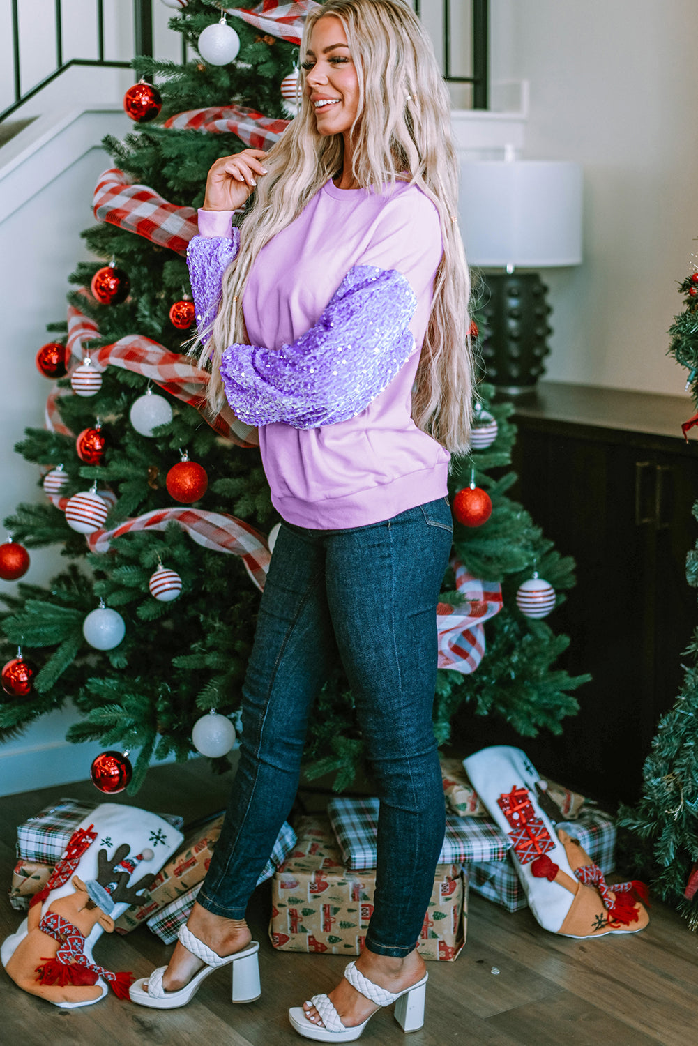 Solid Sequin Patchwork Long Sleeve Top