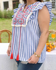 ARIYA STRIPE GEO PATTERN EMBROIDERED TASSEL FLUTTER Plus BLOUSE