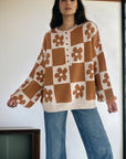 Flower Checker Henley Baggy Sweater