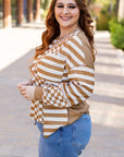 Khaki Striped Checkered Mixed Print Chest Pocket Casual Plus Size Top