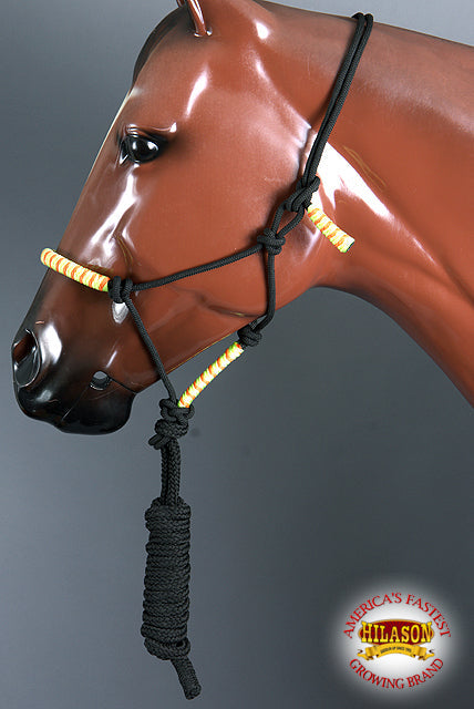 Hilason Horse Poly Rope Tied Adjustable Halter 8 Ft Lead Rope Black Orange Blue
