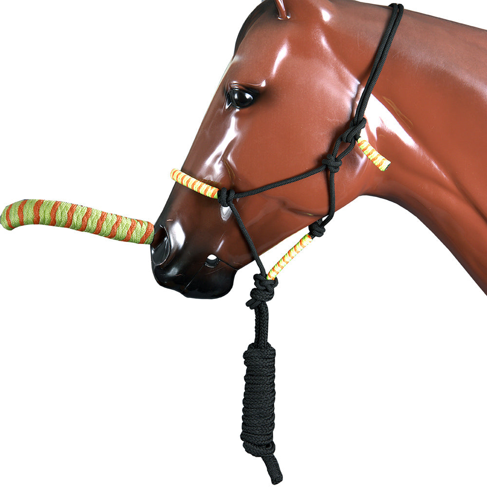 Hilason Horse Poly Rope Tied Adjustable Halter 8 Ft Lead Rope Black Orange Blue