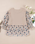 Beige Faux Two Piece Knit Patchwork Floral Print Plus Size Top