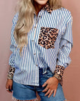 Stripe Leopard Patchwork Button-Up Shirt