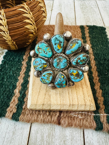 Old Pawn Navajo Sterling Silver & Turquoise Cluster Ring Size 7.25