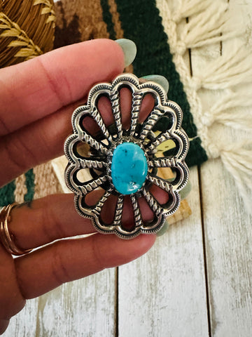 Old Pawn Navajo Sterling Silver & Turquoise Flower Ring Size 7.5