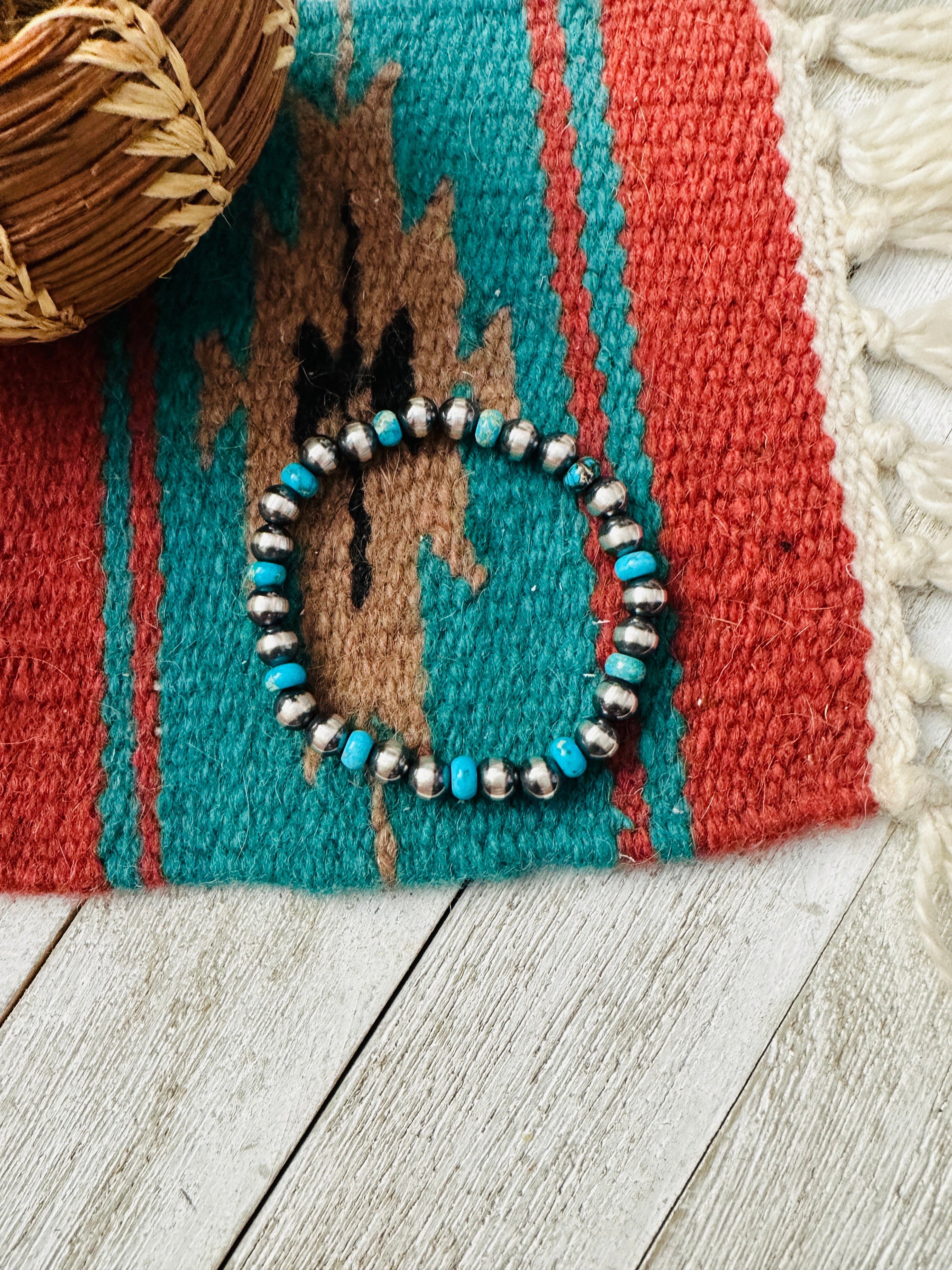 Navajo Turquoise & Sterling Silver Pearl Beaded Stretch Bracelet