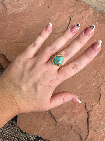 Stunning Handmade Turquoise & Gold Adjustable Ring | The Golden Collection