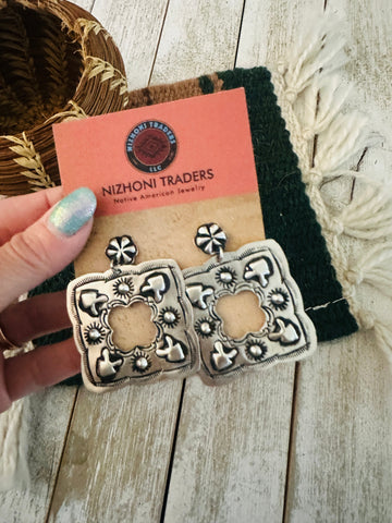 Navajo Hand Stamped Sterling Silver Concho Dangle Earrings by Leander Tahe