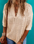 Loretta Turn-down Collar Hollowed Knit Short Sleeve Top