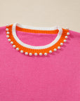 Pearl Contrast Trim Crewneck Drop Shoulder Sweater