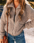 Solid Zip-Up Pocketed Fuzzy Jacket