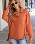 Solid Collared Drop Shoulder Side Slit Sweatshirt