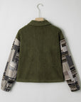 Plaid Patchwork Sleeve Button-Up Ribbed Fleece Jacket