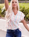 Imani Striped Pin tuck Tiered Cap Sleeve Blouse