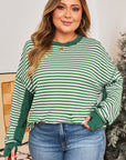 Green Stripe Exposed Seam Patchwork Plus Size Thermal Top