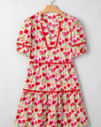 Floral Ricrac Puff Sleeve Pocketed Tiered Mini Dress