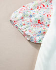 Kinslee Contrast Floral Puff Sleeve Ribbed Knit Plus Size Blouse