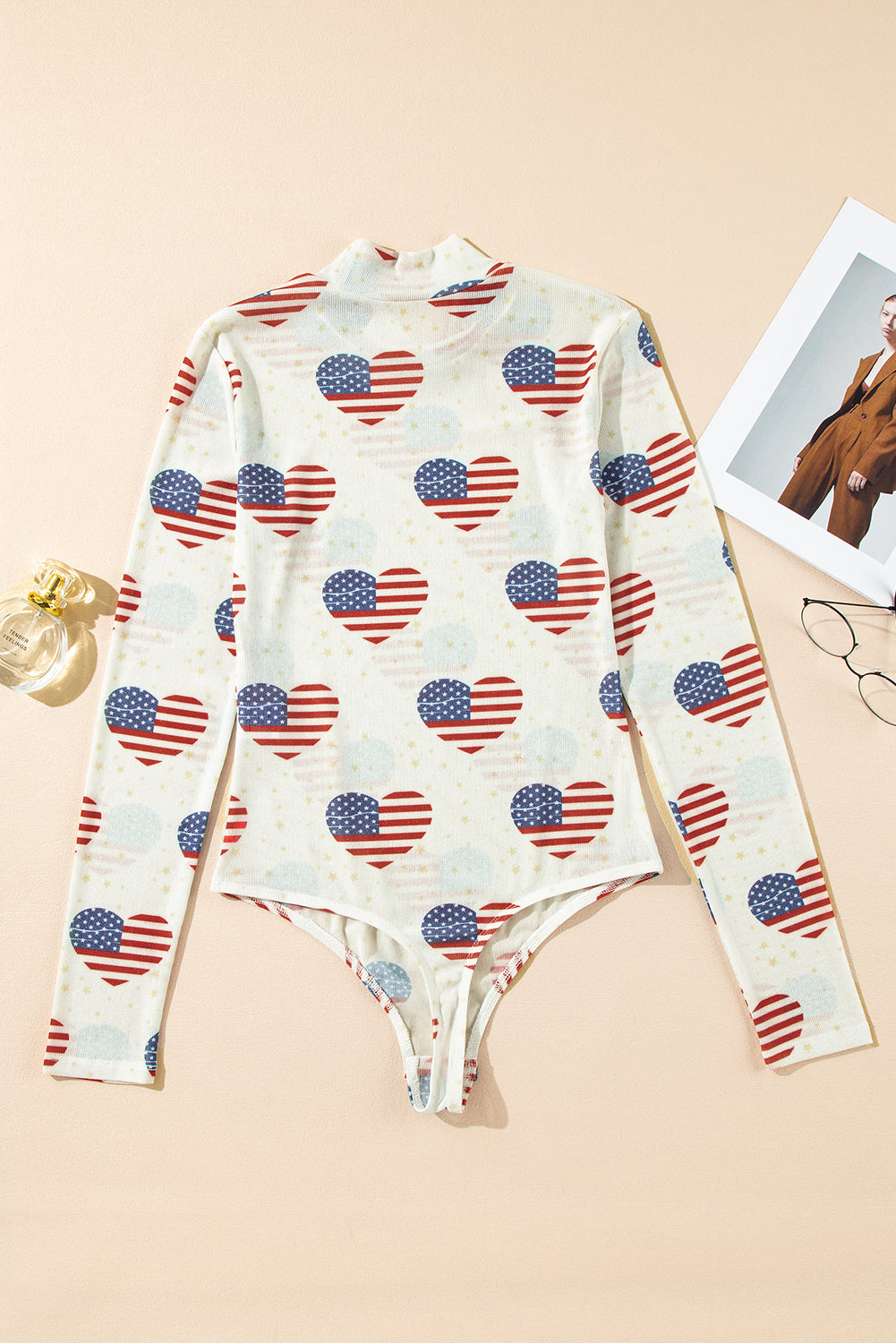 Americana Heart Mesh Long Sleeve Bodysuit