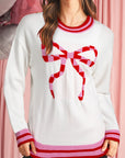 Christmas Stripe Trim Bow Crewneck Sweater
