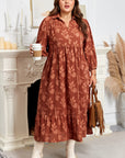 Plus Size Floral Ruffle Hem 3/4 Sleeve Maxi Dress