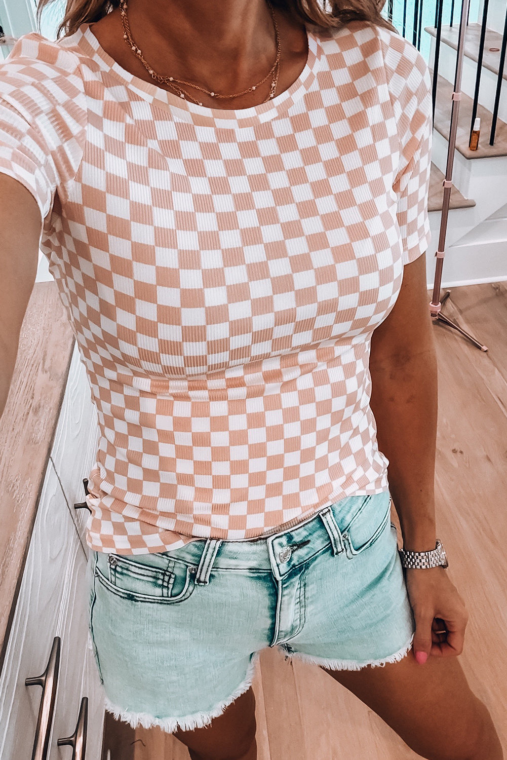 Checker Ribbed Knit Crewneck T-Shirt