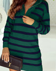 Iris Striped Zip Collared Loose Sweater Mini Dress