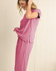 Solid Corded Short Sleeve T Shirt And Wide Leg Pants Set