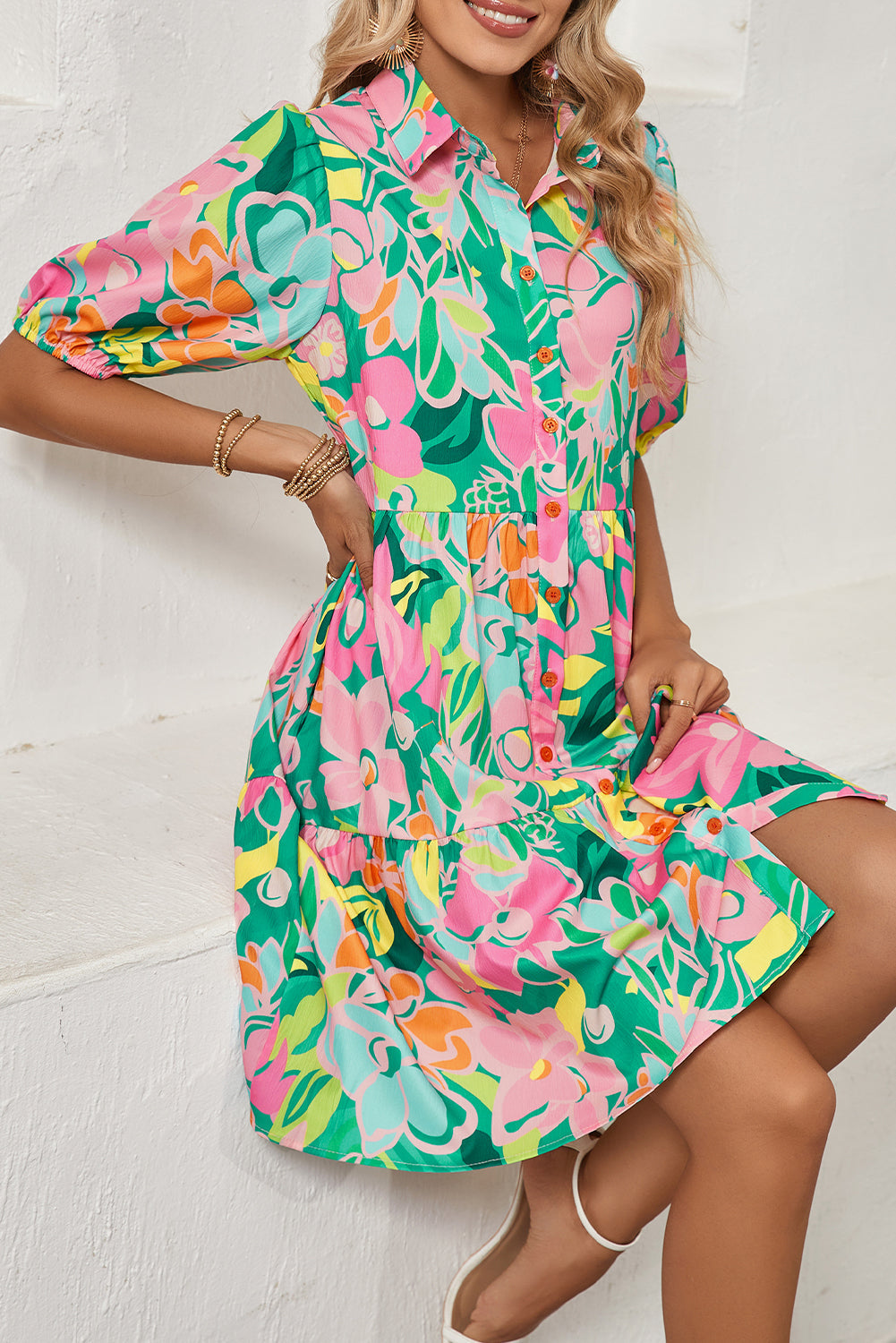 Floral Puff Sleeve Buttoned Babydoll Dress