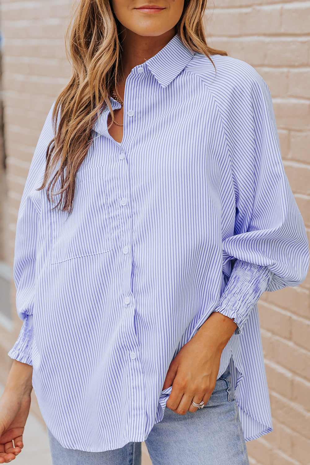Striped Casual Shirred Cuffs Shirt