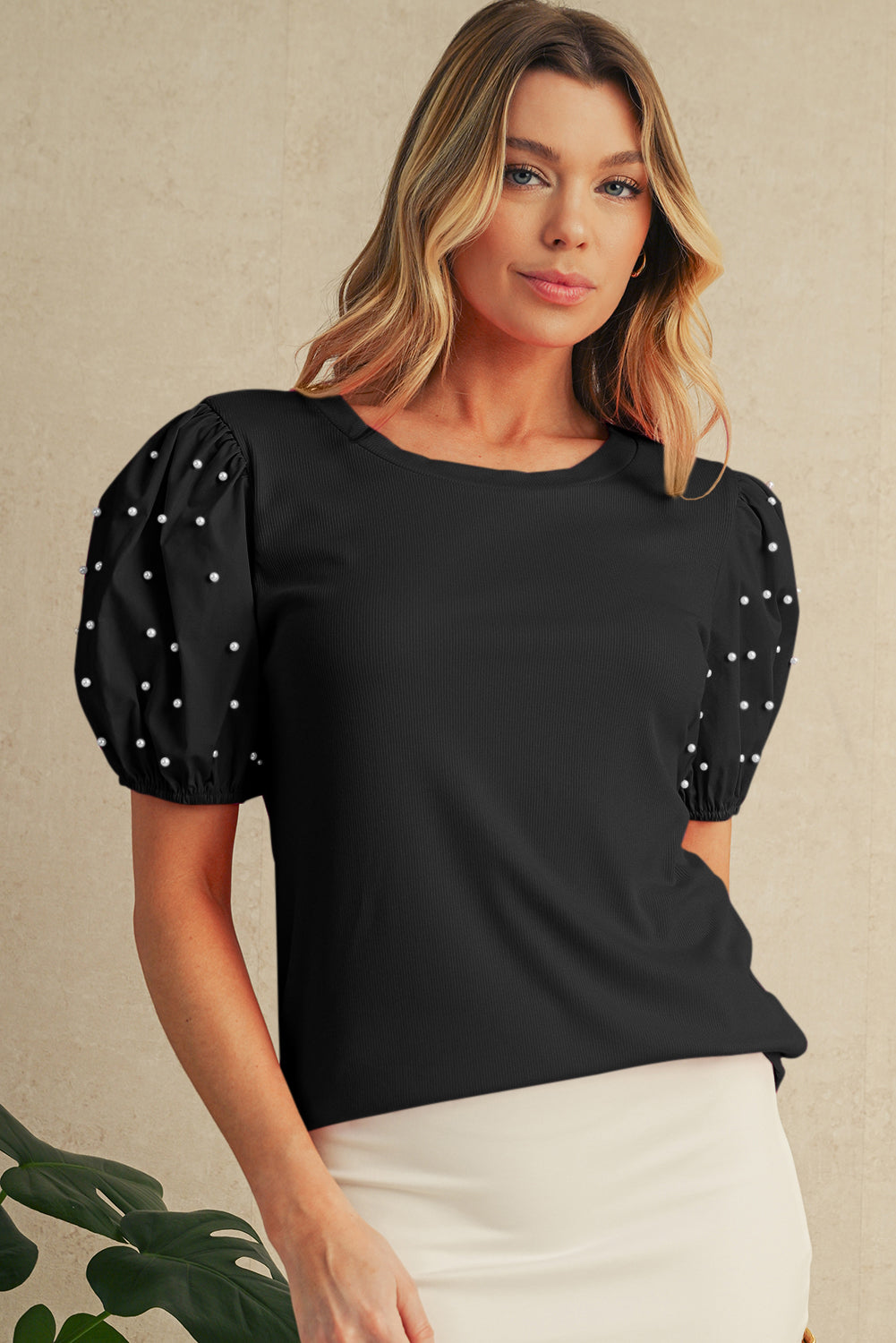 Pearl Beaded Puff Sleeve Ribbed Top