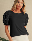 Pearl Beaded Puff Sleeve Ribbed Top