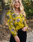 Floral V-Neck Ruffle Trim Long Sleeve Blouse
