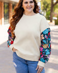 Plus Size Floral Patchwork Sleeve Textured Top