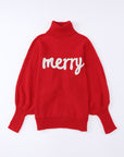 Christmas Merry Embroidered Puff Sleeve Turtleneck Sweater