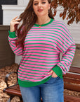 Pink Stripe Waffle Knit Crew Neck Plus Size Sweatshirt