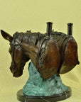 Art Deco 70 LBS Two Horses Head Bust Bronze Sculpture Marble Base Figurine