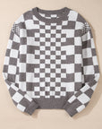 Checker Round Neck Drop Shoulder Sweater