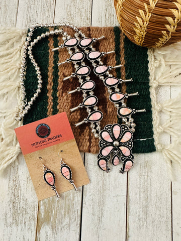 Zuni Sterling Silver Queen Pink Conch Squash Blossom Necklace Set