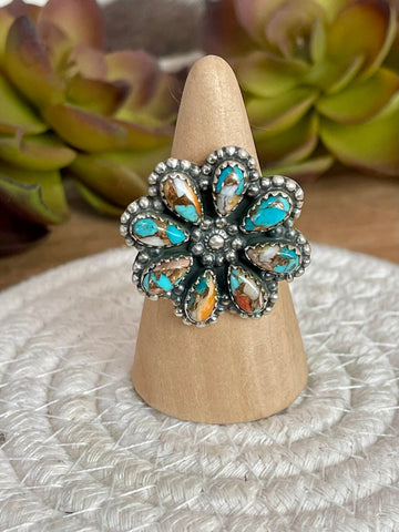 Beautiful Handmade Sterling Silver And Spice Flower Cluster Adjustable Ring