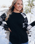 Kayla Sequin Plaid Patchwork Raglan Sleeve Top