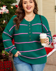 Plus Size Stripe Half Button Drop Shoulder Sweater