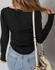 Solid Ribbed Knit Buttoned Long Sleeve Top