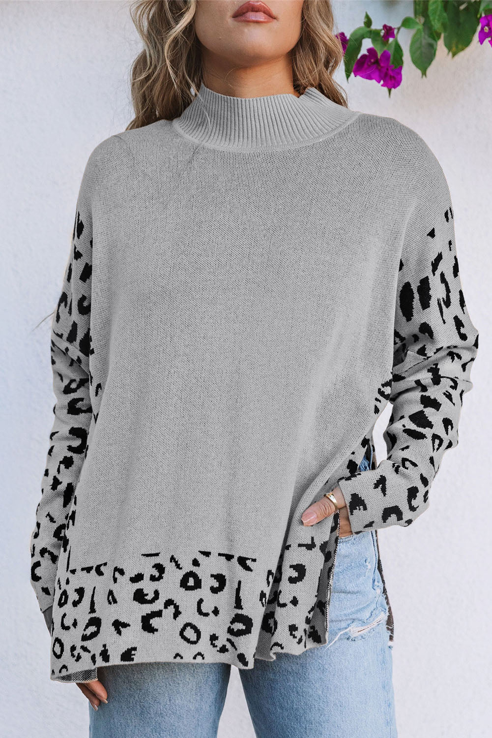 Leopard Mock Neck Side Slit Sweater