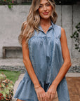 Chambray Bow Neck Sleeveless Ruffle Dress