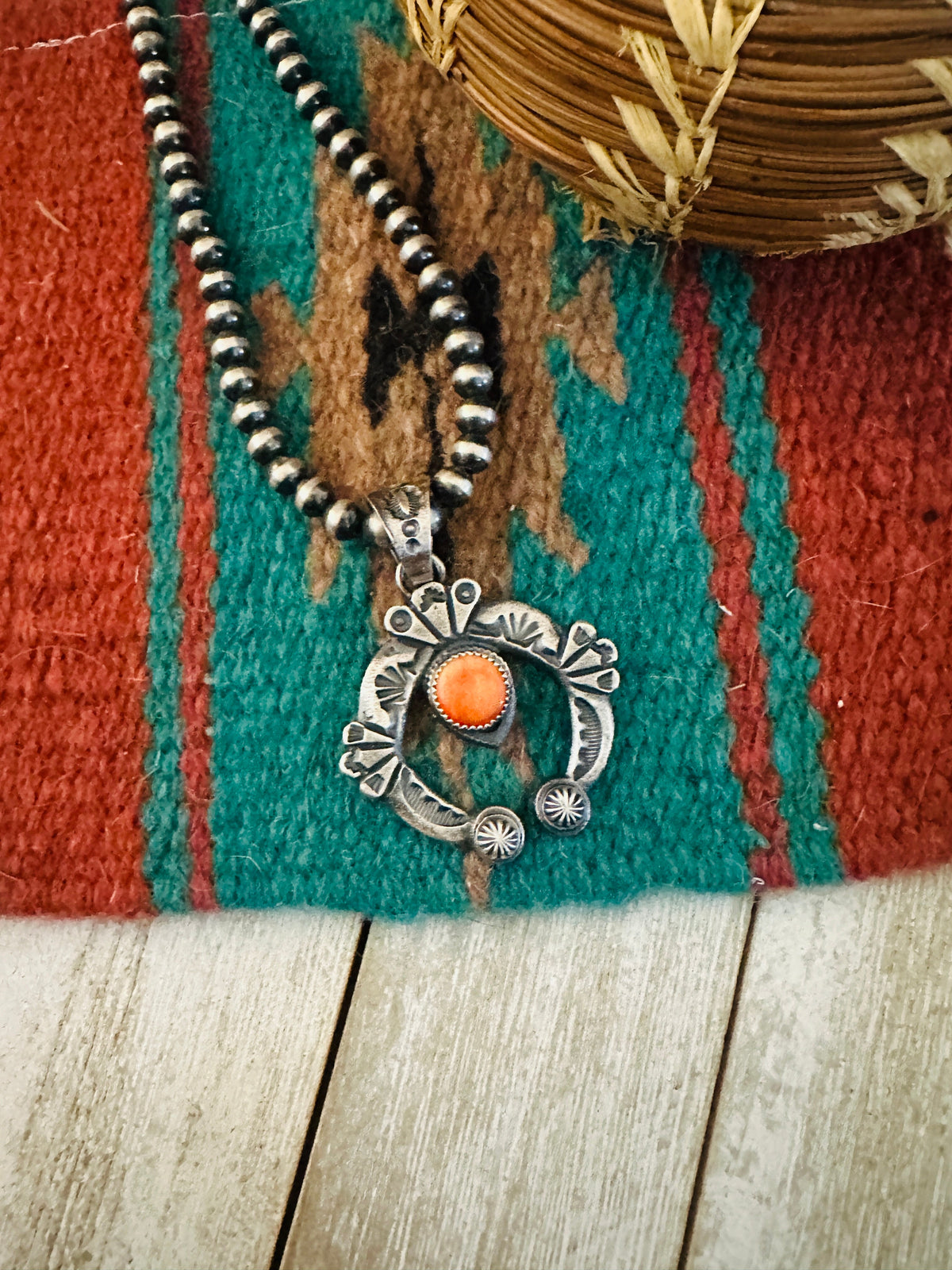 Navajo Sterling Silver & Orange Spiny Naja Pendant by Kevin Billah