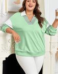 Moonlight Jade Color Block Striped Patchwork Collar V Neck Plus Size Sweatshirt