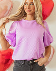 Solid Textured Round Neck Puff Sleeve Blouse