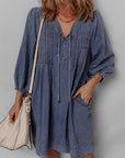 Denim 3/4 Sleeve Tied V-Neck Pleated Mini Dress