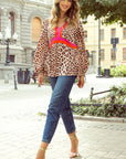 Cheetah Colorblock V-Neck Balloon Sleeve Babydoll Blouse
